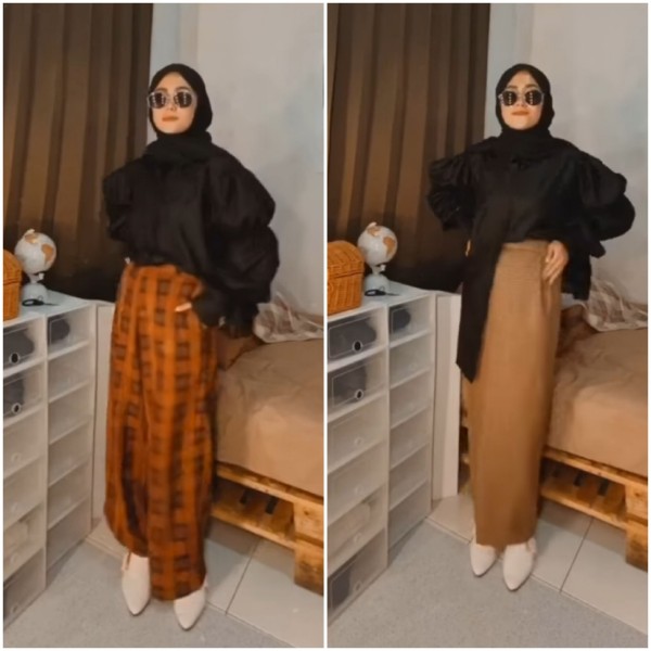 Styling atasan puff-sleeve ala hijabers Deana Hanifa. (Foto: Instagram @deanahanifaaa).