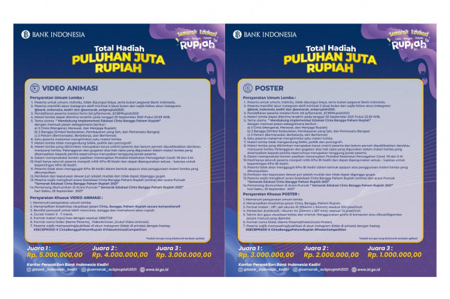 Flyer syarat dan ketentuan Lomba Semarak Edukasi Cinta, Bangga, Paham Rupiah. Foto (Dok KPw BI Kediri)