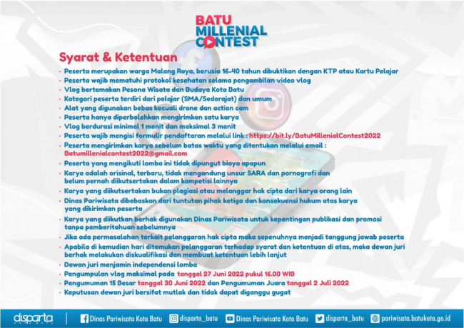 Informasi lomba Batu Millenial Contest. (Foto: Dinas Pariwisata Kota Batu)