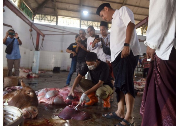 Wali Kota Kediri Abdullah Abu Bakar meninjau proses pemotongan hewan kurban, Minggu (10/7). Peninjauan ini dilakukan di dua lokasi ,yakni Rumah Potong Hewan Kelurahan Pojok dan Apartemen Rakyat (ARA) Kelurahan Dandangan. (Foto: Dok. Istimewa)