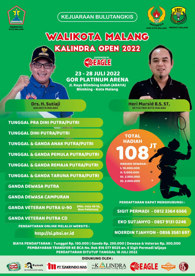 Flayer Kejuaraan Bulutangkis Wali Kota Malang - Kalindra Open 2022 (foto: PBSI Kota Malang) 