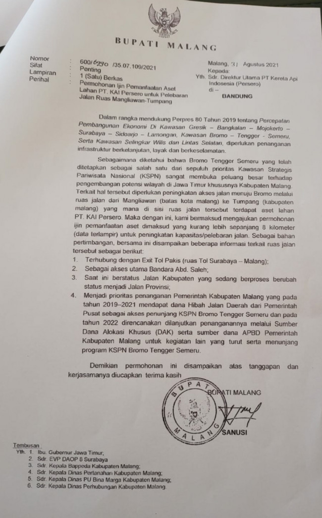 Surat Bupati Malang yang diterbitkan 31 Agustus 2021.(Foto: Istimewa).