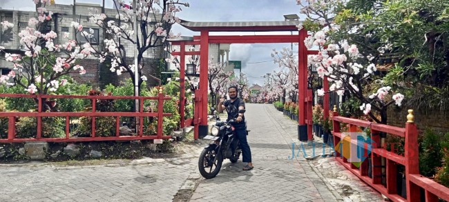 Ketua TP PKK Kota Batu Wibi Asri Santoso menggunakan kimono berada di Kampung Sakura, kawasan RT 5 RW 11 Desa Sidomulyo, Kecamatan Batu.