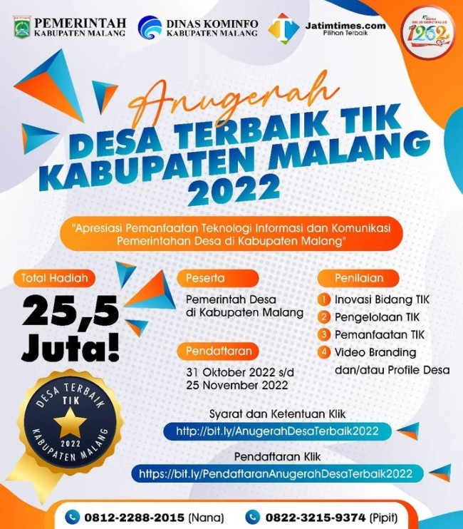 Flyer Ajang Anugerah Desa Terbaik TIK Kabupaten Malang 2022 yang digelar Diskominfo bersama JatimTIMES.(Foto: Redaksi.)