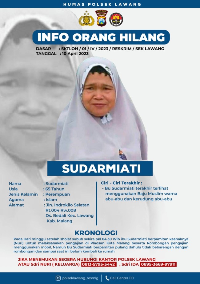 Flyer Sudarmiati yang dikabarkan hilang