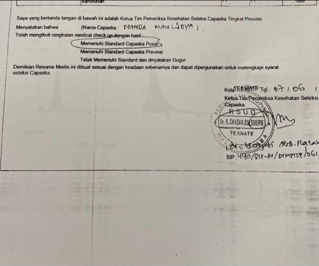 Bukti tes kesehatan yang menyebutkan Nanda layak menuju Paskibraka. (Foto: Twitter)