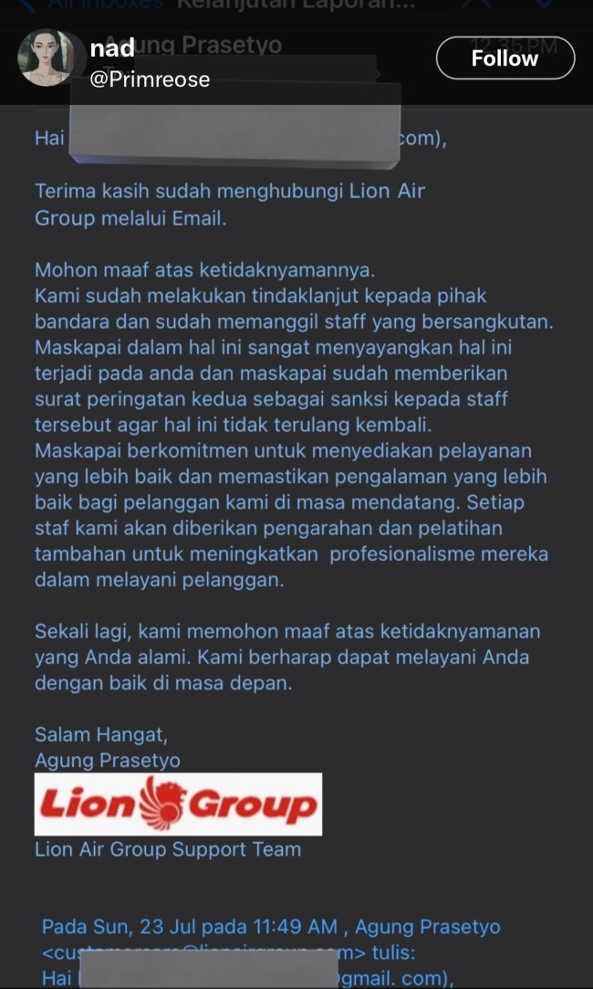 Balasan email dari Lion Air yang menyebutkan jika staf sudah dihikum dengan SP2. (Foto: Twitter)