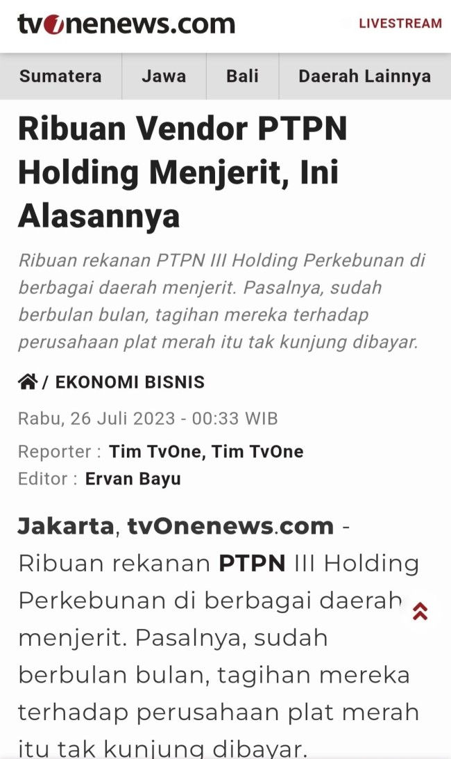 Berita tv one news yang memberitakan vendor PTPN belum dibayar tagihannya. (Foto: Twitter) 