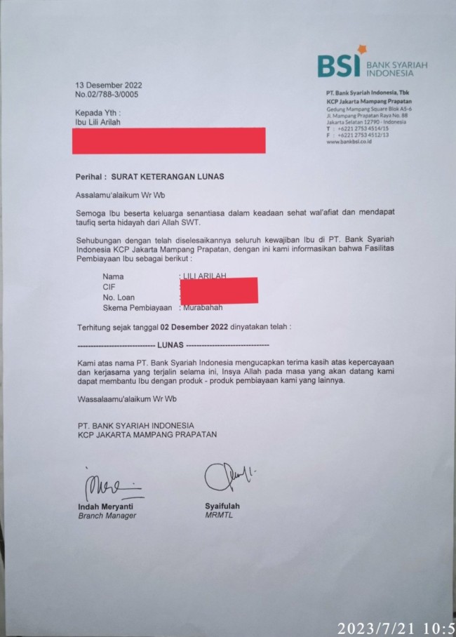 Bukti lunas sebagai debitur dari Bank BSI sejak Desember 2022 lalu. (Foto: Twitter)