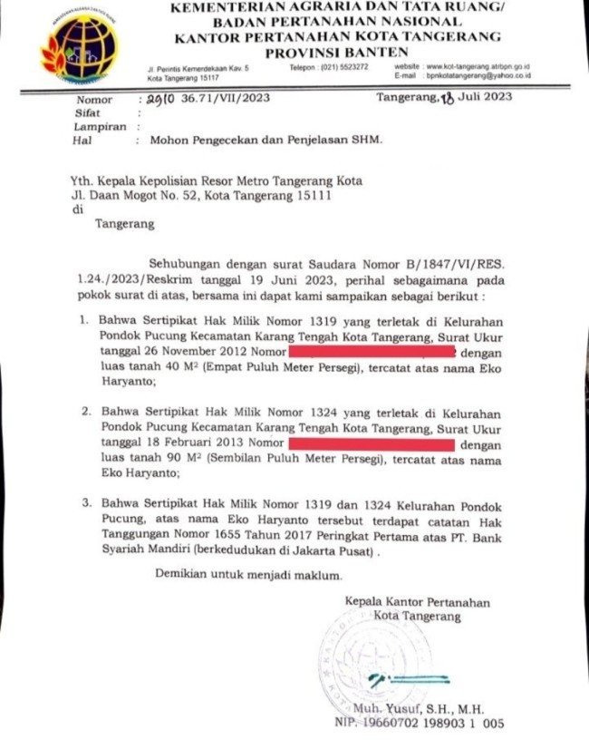 Surat berkop Kementerian ATR kepada Polres Metro Tangerang. (Foto: Twitter)