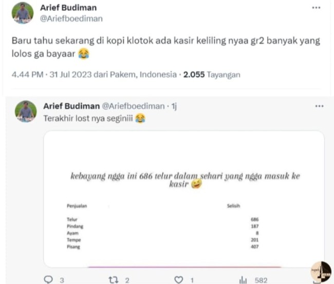 Tangkapan layar selisih penjualan jenis makanan di Kopi Klotok Jogja. (Foto: Twitter)