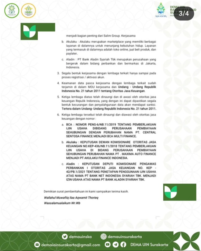 Tiga marketplace pinjaman online yang bekerjasama dengan DEMA UIN Raden Mas Said Surakarta. (Foto: Instagram)