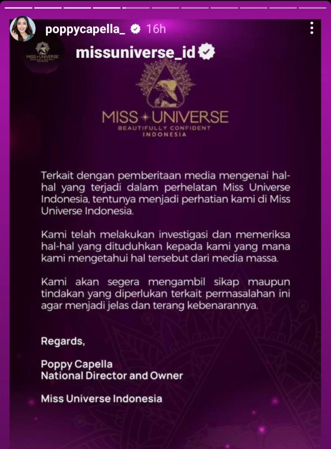 Klarifikasi pihak miss universe. (Foto: Instagram)