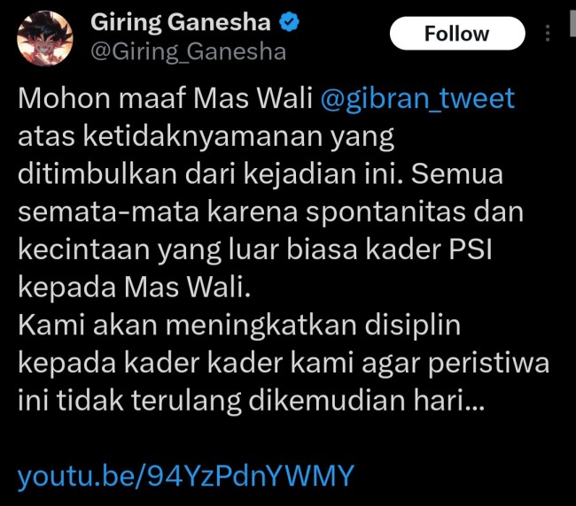 Cuitan permintaan maaf Giring. (Foto: Twitter)