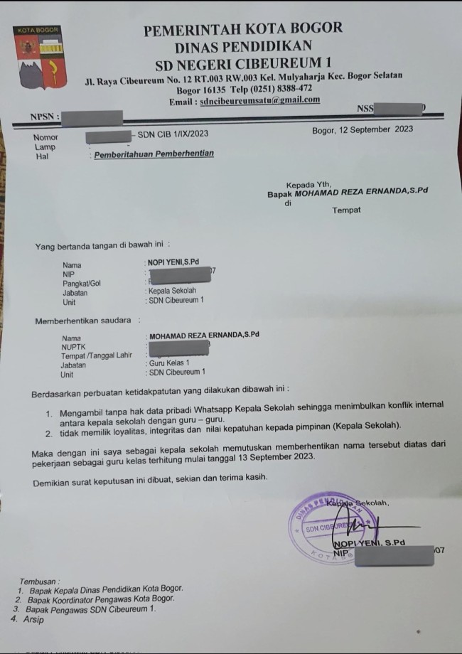 Surat pemberhentian yang dilakukan oleh kepsek Sekolah Dasar Negeri 1 Cibeureum. (Foto: X)