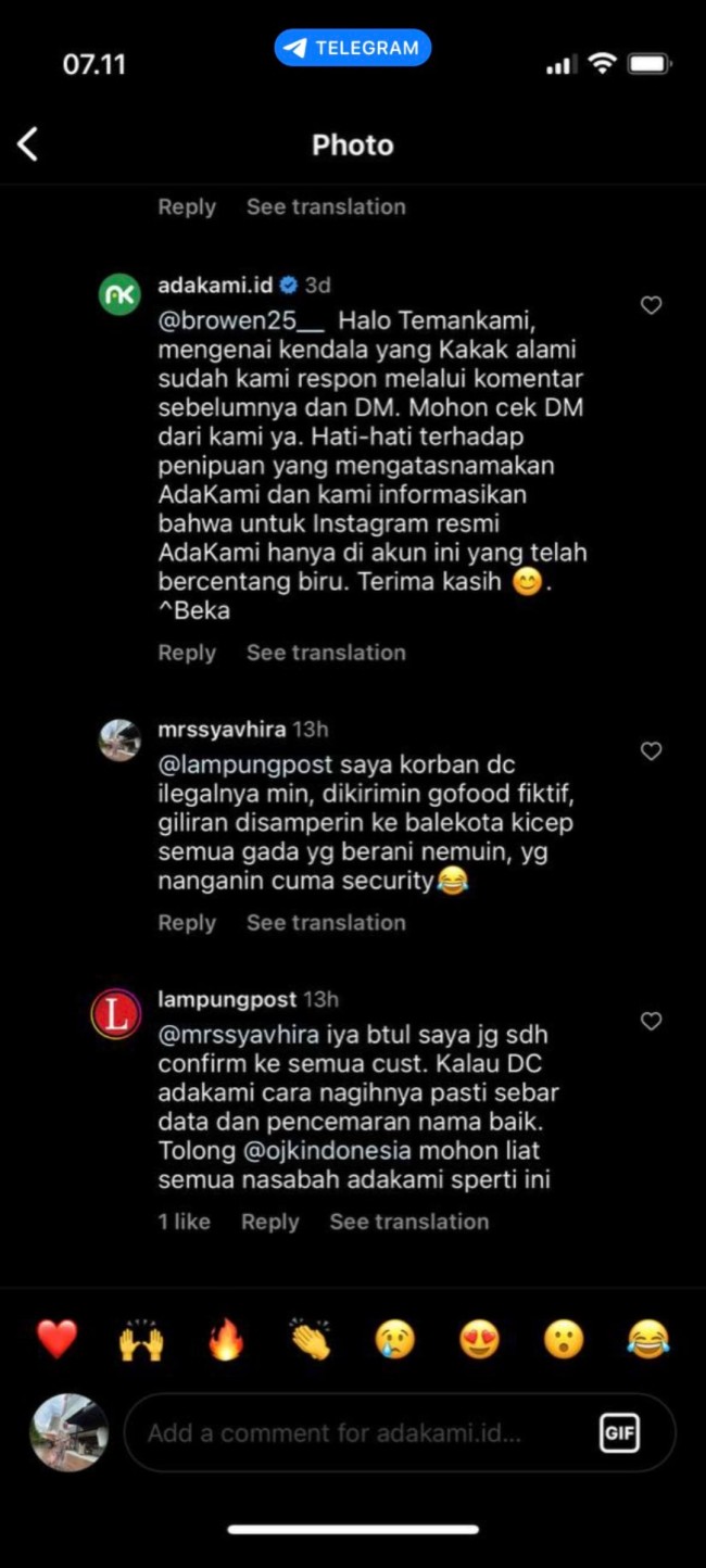 Beberapa komentar netizen yang mengeluhkan pinjol Ada Kami Official. (Foto: X)