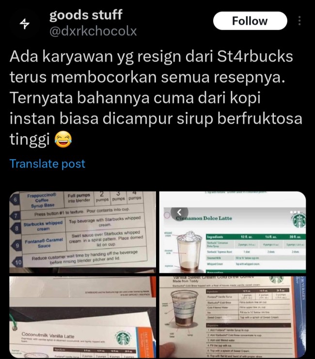 Cuitan soal bocornya cara penyajian kopi Starbukcs yang viral. (Foto: tangkapan layar X)