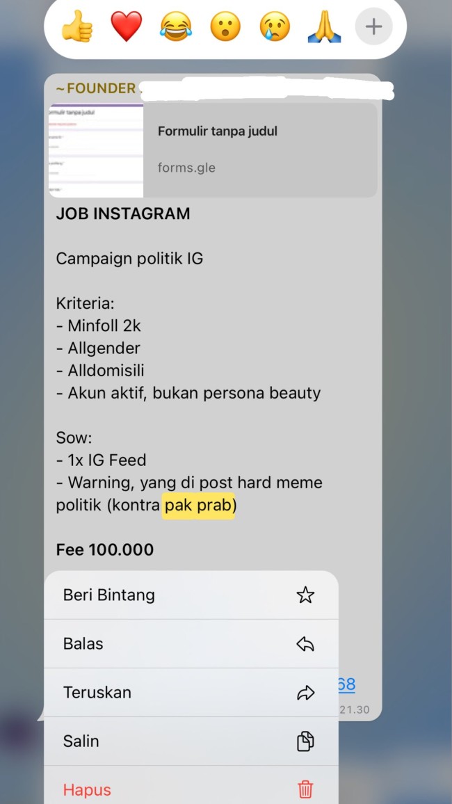 Rekrutmen diduga buzzer Ganjar-Mahfud untuk mengunggah meme kontra Prabowo. (Foto: X/@PartaiSocmed)