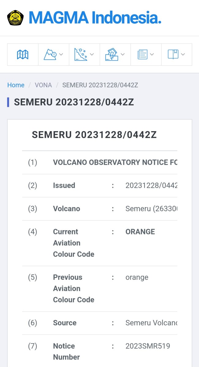 Laporan keamanan penerbangan (VONA/Volcano Observatory Notice for Aviation) Gunung Semeru pada status oranye. (Foto: situs resmi Magma ESDM) 