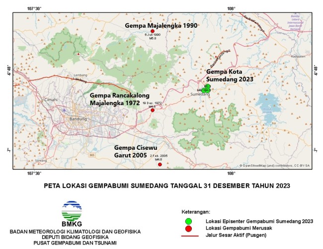 Lokasi Gempa Sumedang 2023 dan sejarah sebelumnya. (Foto: X/@DaryonoBMKG)