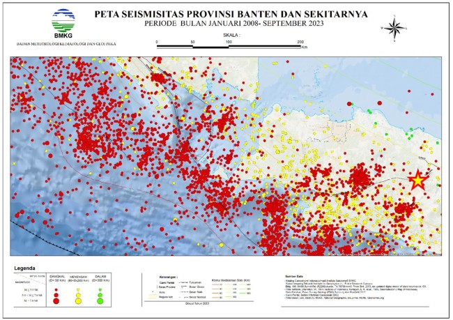 Peta seismisitas tahun 2008-2023 di Indonesia. (Foto: X/@DaryonoBMKG)