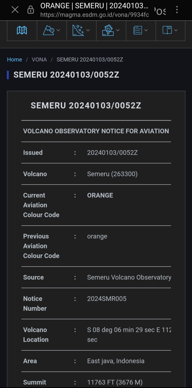 VONA/Volcano Observatory Notice for Aviation) masih berstatus oranye. (Foto: situs resmi Magma ESDM) 