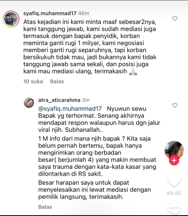 Respons dari pihak Bus PO Haryanto yang menyebut korban meminta Rp 1 Miliar untuk ganti rugi. (Foto: TikTok @atra_atricarahma)