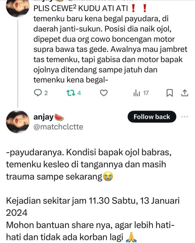 Aksi jambret hingga begal payudara di Janti Malang. (Foto: X)