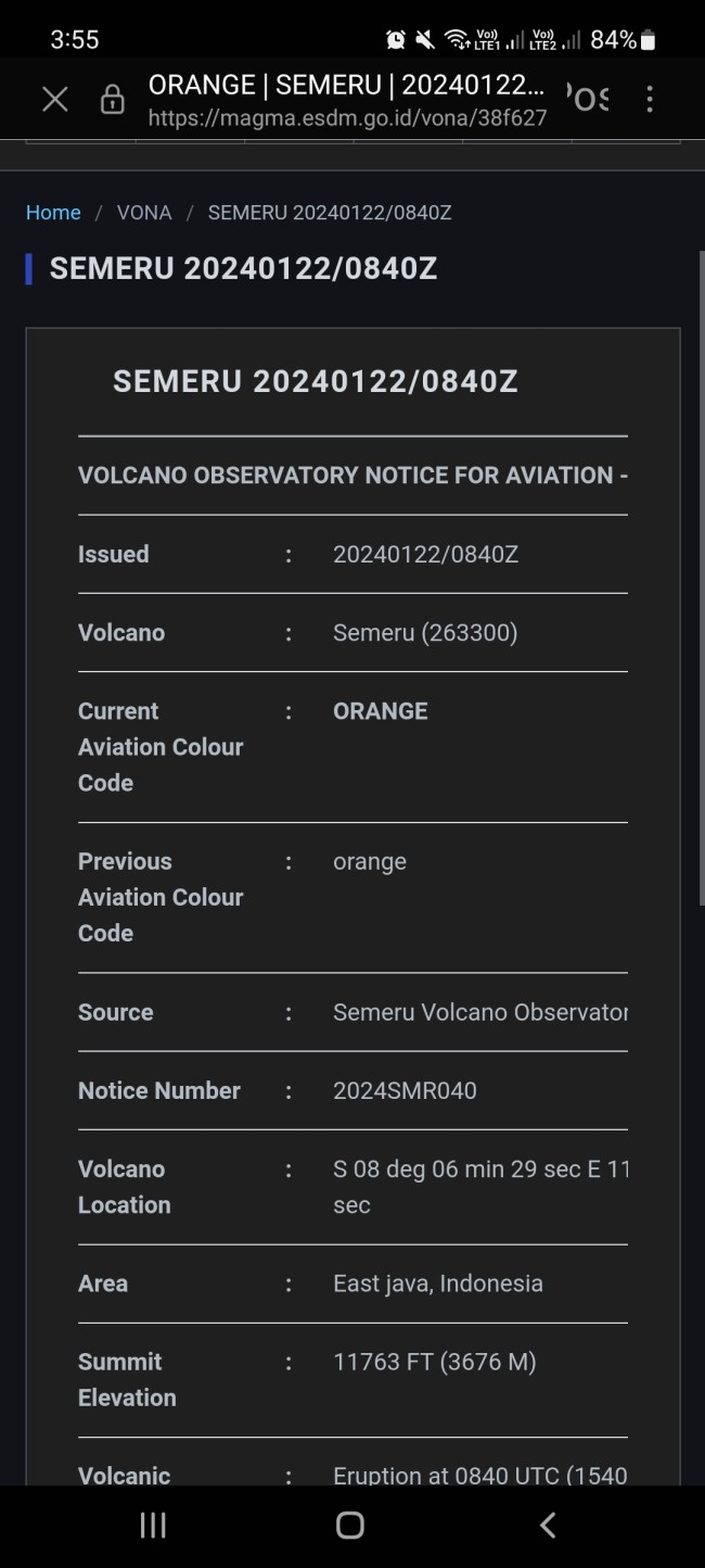 Status VONA penerbangan sekitar Gunung Semeru masih oranye. (Foto: laman resmi magma esdm)