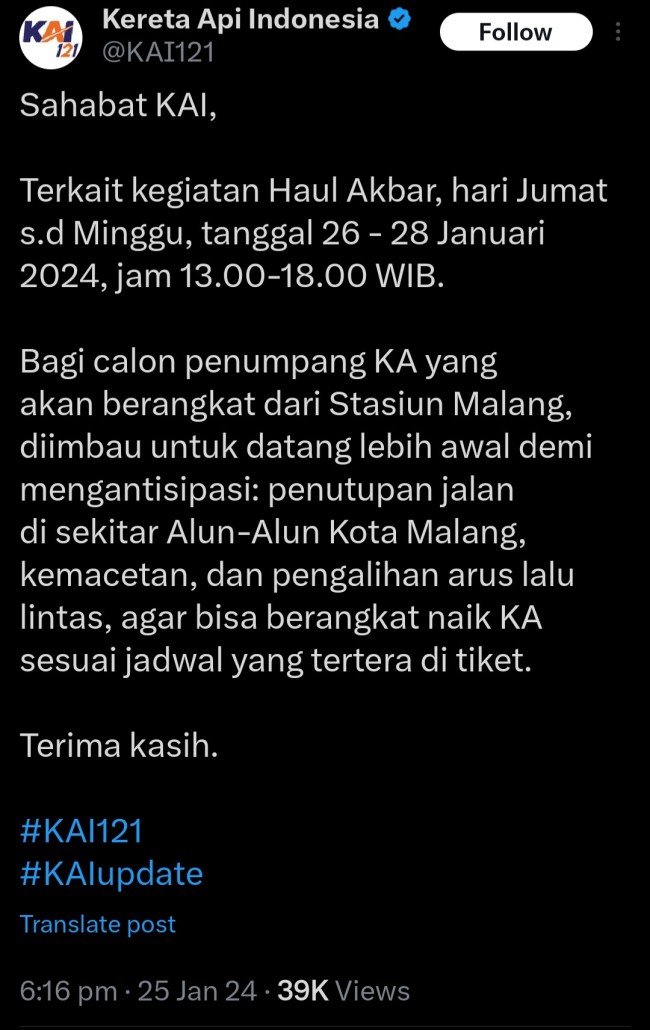 Imbauan KAI agar penumpang dari Stasiun Malang berangkat lebih awal antisipasi macet. (Foto: X)