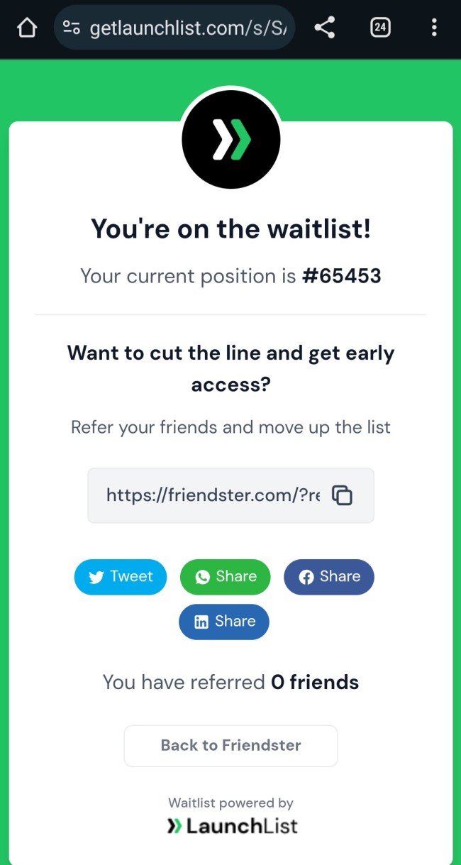 Per-Sabtu (27/1/2024) sudah ada 65.453 pendaftar yang ingin mengakses Friendster lebih awal. (Foto: friendster.com)