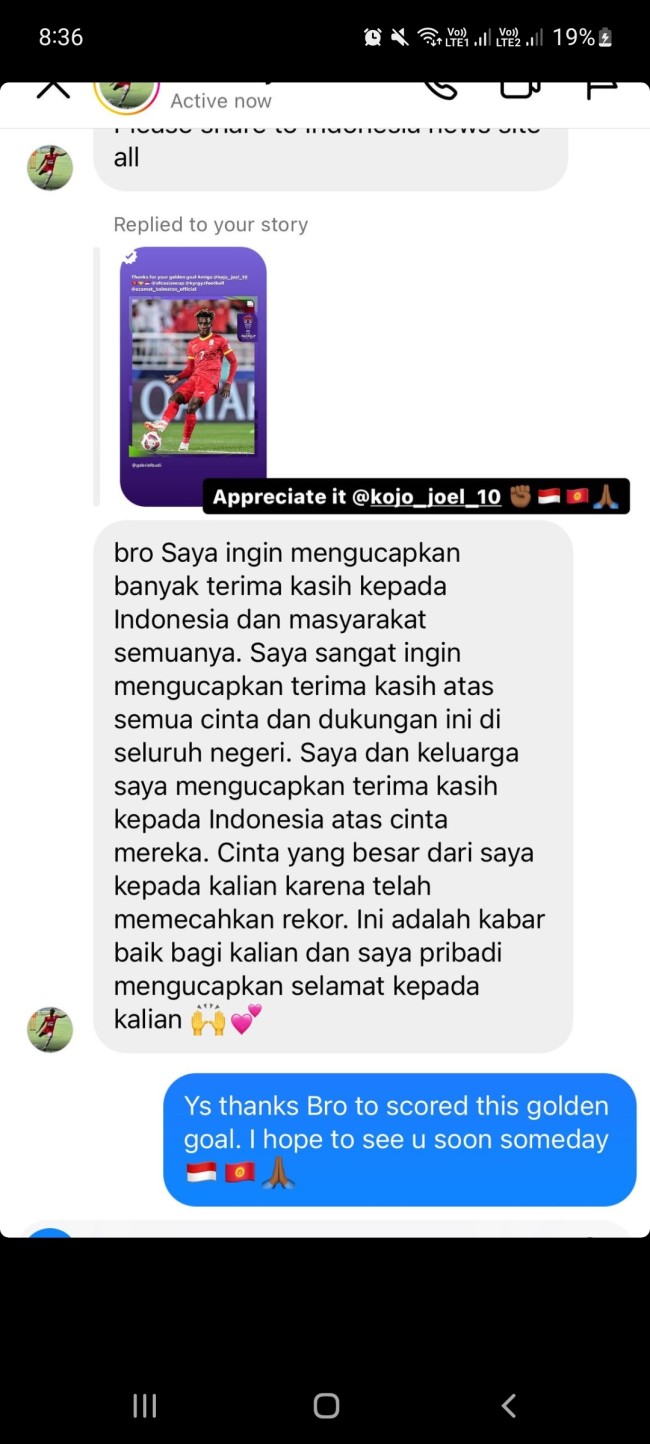 Pesan Joel Kojo untuk warga Indonesia melalui DM ke Gabriel Budi Liminto. (Foto: Instagram @gabrielbudi) 