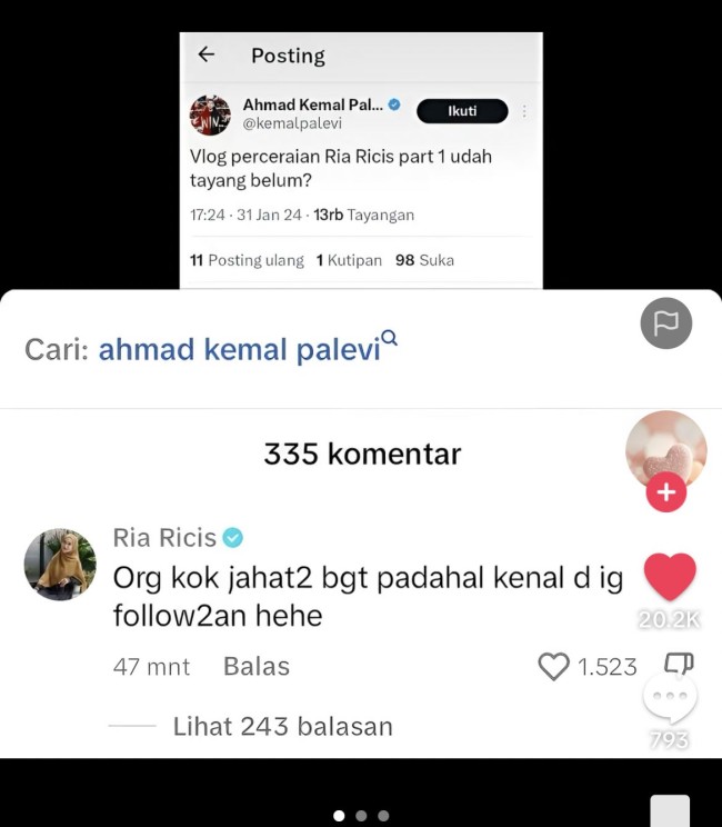 Unggahan aktor Kemal Palevi yang direspons oleh Ria Ricis langsung. (Foto: X)