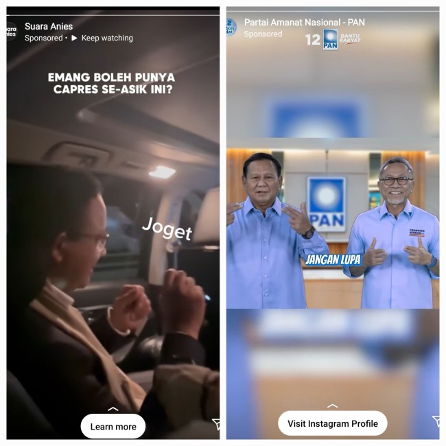 Akun Instagram yang diiklankan masih mengunggah capres 01 Anies dan 03 Prabowo. (Foto: tangkapan layar Instagram)