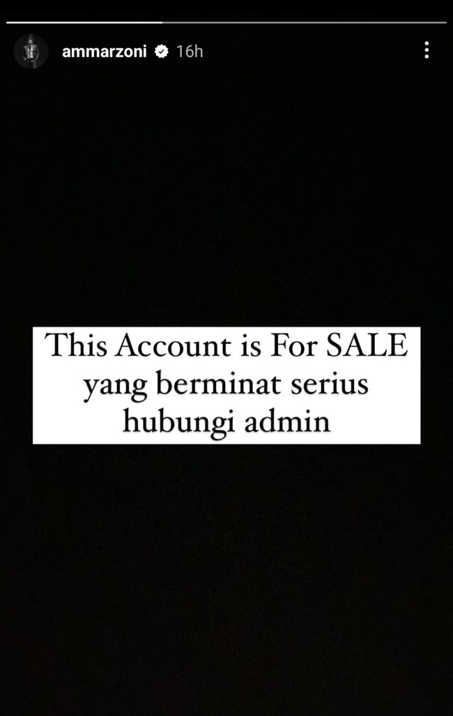 Unggahan Story Instagram yang memperlihatkan Ammar Zoni menjual akun Instagram pribadinya. (Foto: Instagram)