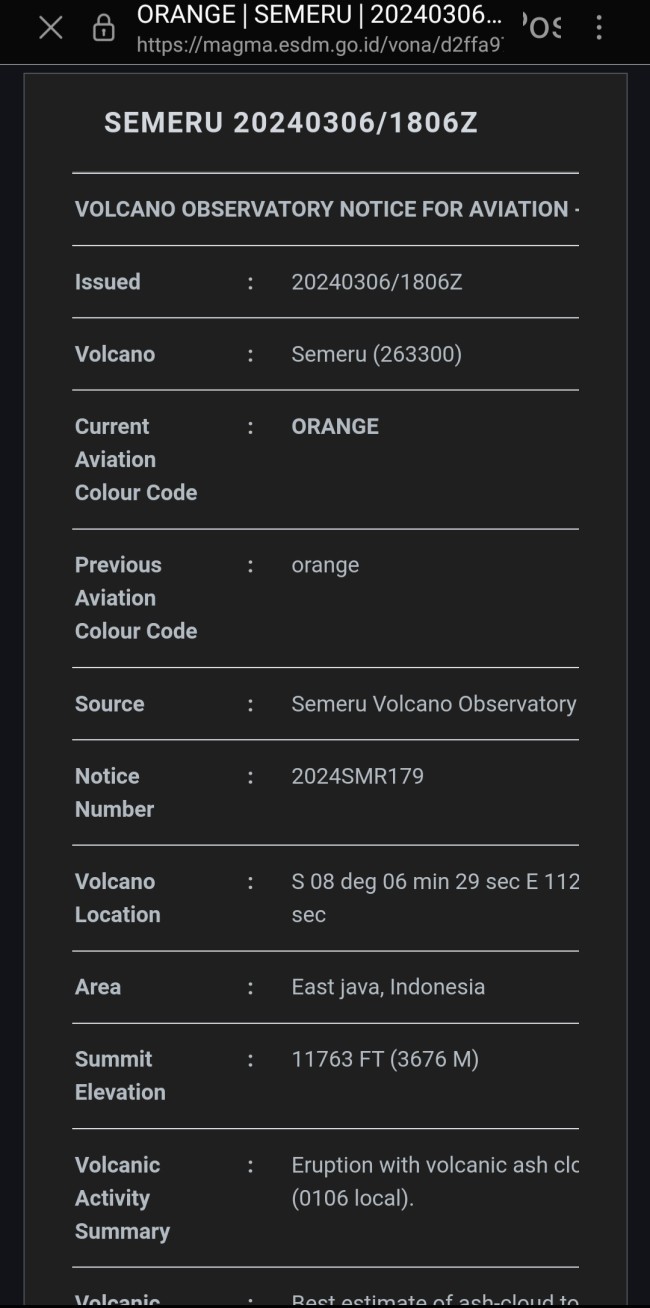 Status VONA penerbangan sekitar Gunung Semeru masih oranye. (Foto: laman resmi magma esdm)