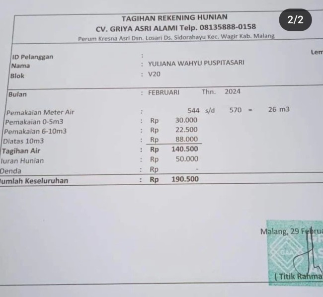 Tagihan bulanan air dan iuran warga Perum Griya Kresna Asri, Wagir, Kabupaten Malang. (Foto: @infomalangraya) 