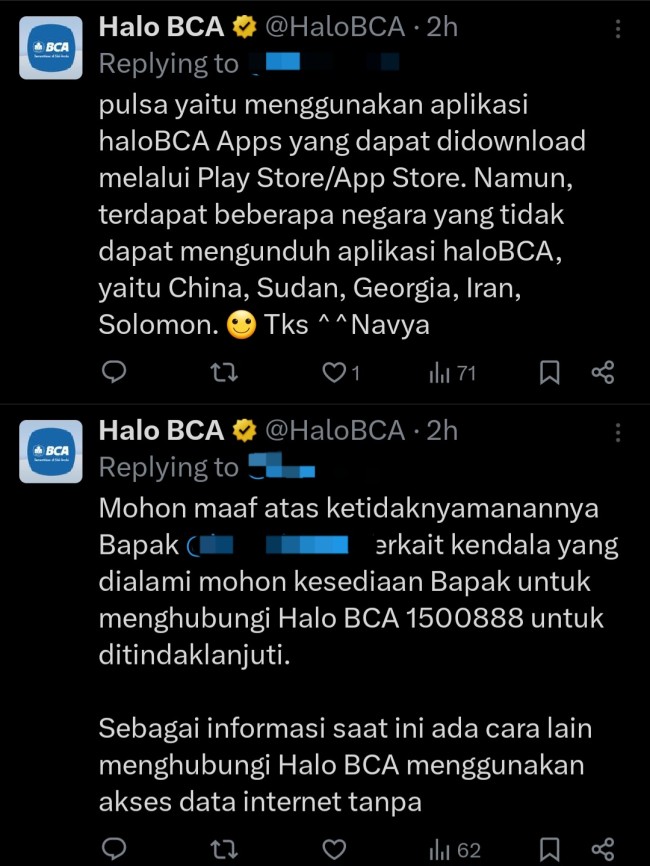 Akun resmi Halo BCA dilengkapi dengan centang kuning. (Foto: tangkapan layar)