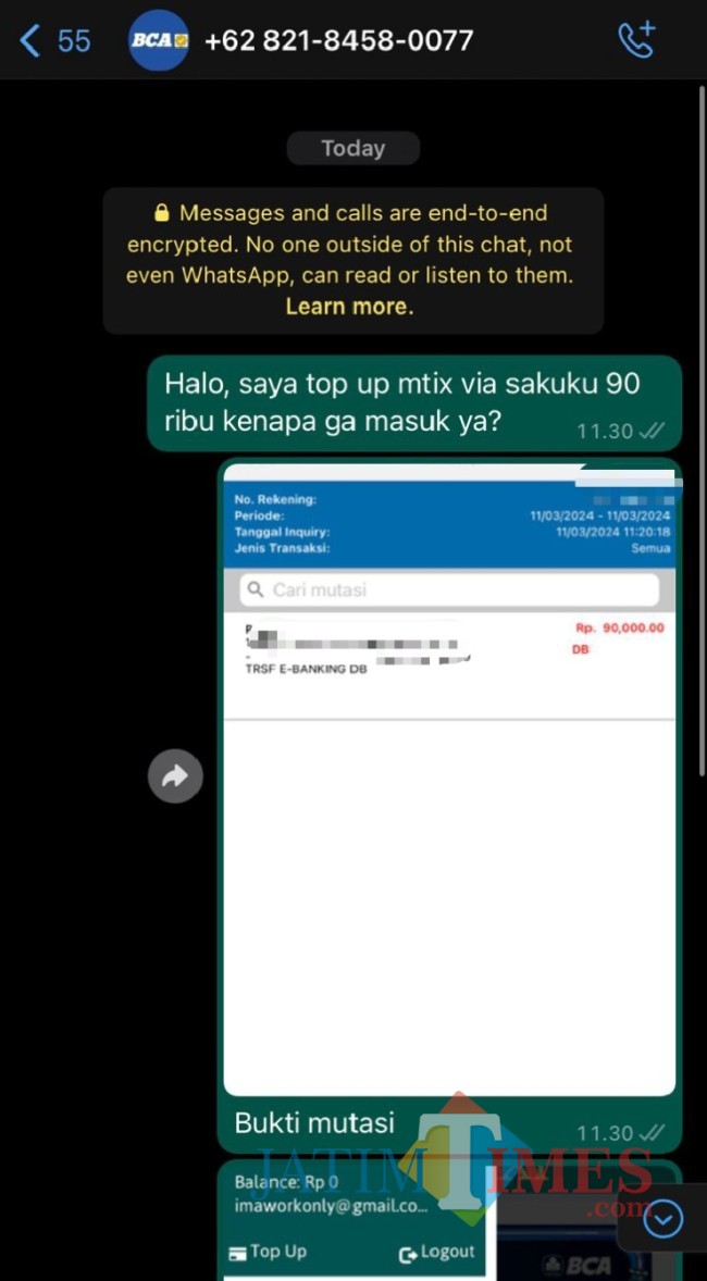Bukti chat korban penipuan berkedok customer service BCA di Kabupaten Malang. (Foto: Imarotul Izzah / JatimTIMES)