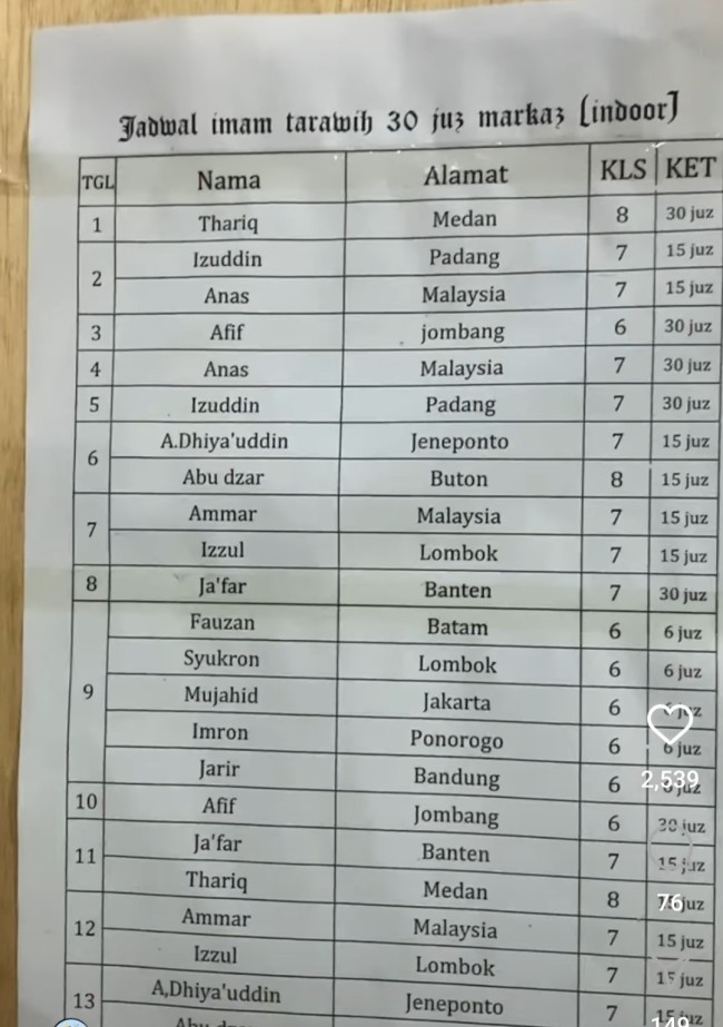 Daftar nama imam salat tarawih ada juga dari Malaysia. (Foto: Instagram)