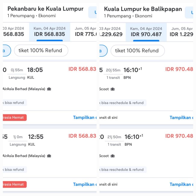 Sedangkan tiket pesawat Pekanbaru-Balikpapan via Kuala Lumpur hanya menghabiskan uang Rp 1,5 juta. (Foto: x) 