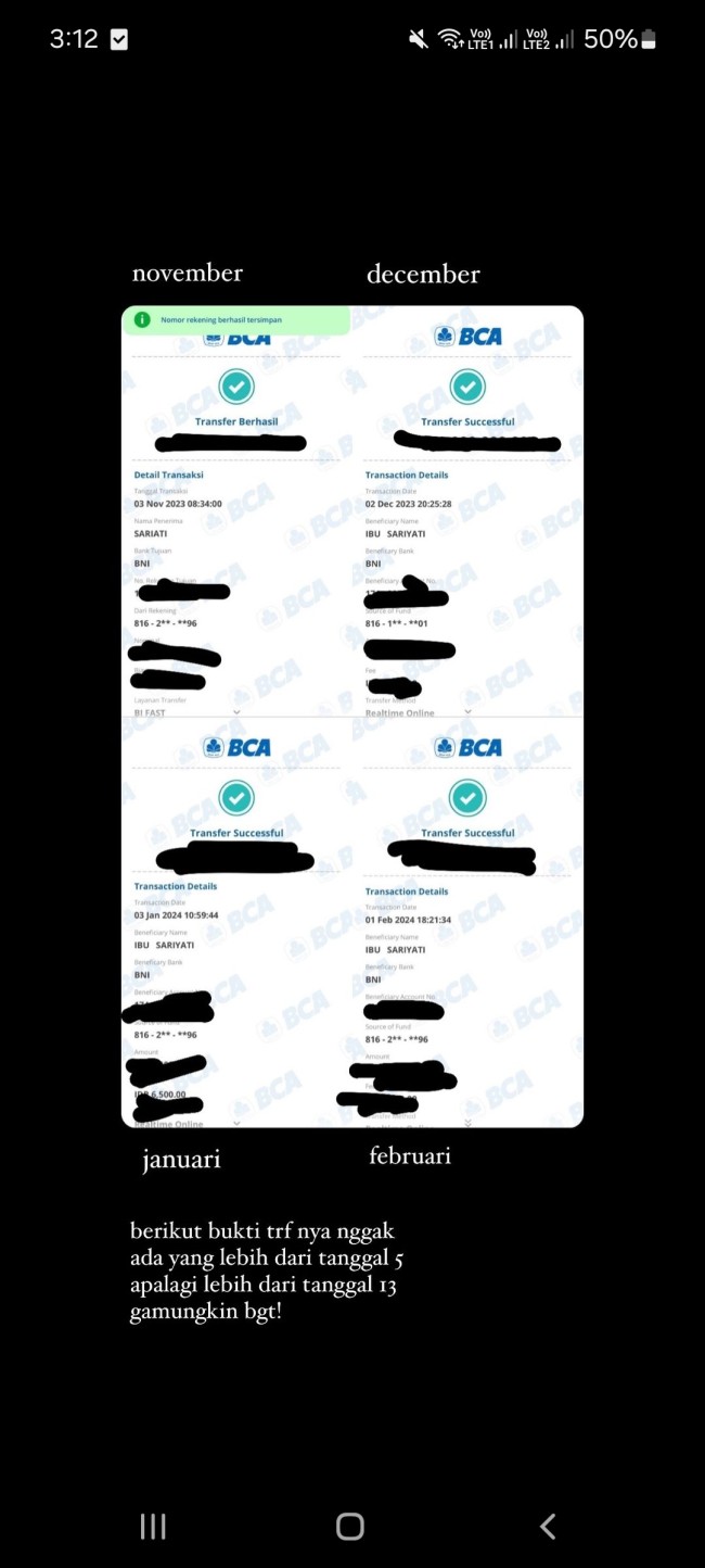 Bukti transfer gaji kepada suster dari November 2023 hingga Februari 2024. (Foto: Instagram @emyaghnia)