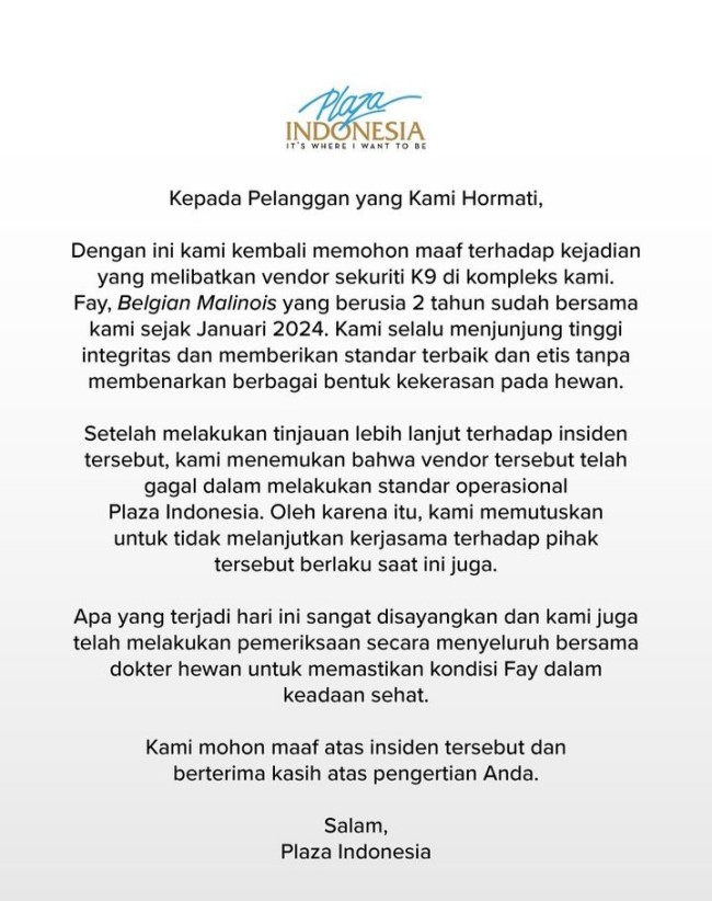 Anggota Plaza Indonesiamenghentikan sekuritas yang memukul anjing