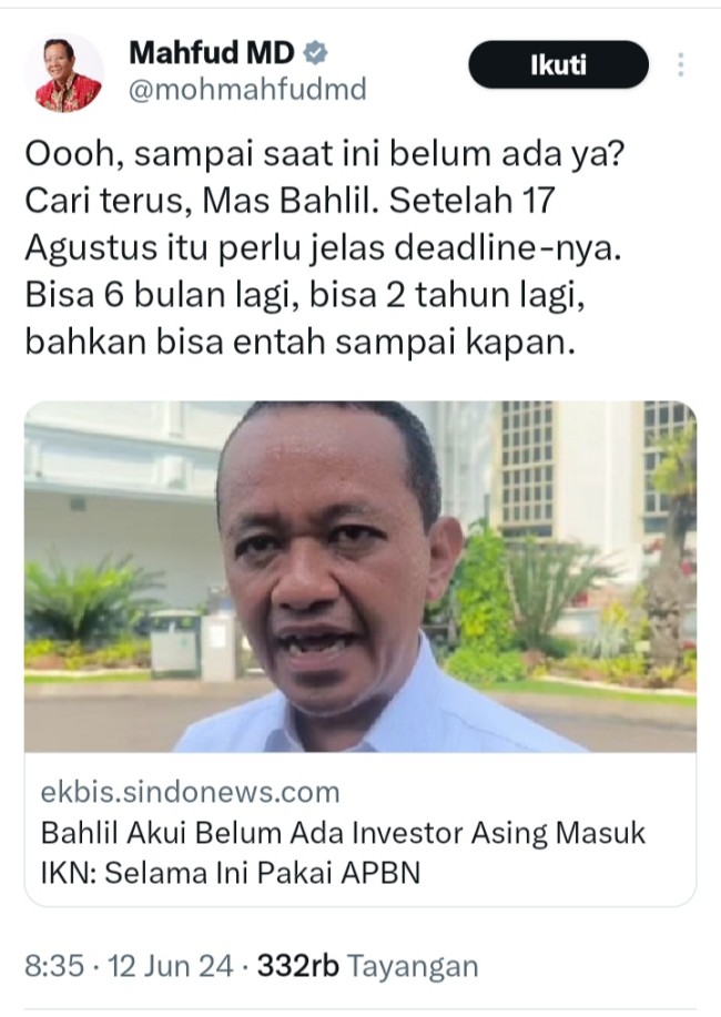 Cuitan Mahfud MD soal IKN yang tidak memiliki investor (foto @mahfud MD) 