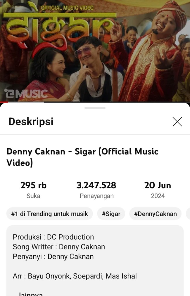 SIGAR trending 1 kategori Music (foto screenshot YT @DENNY CAKNAN) 