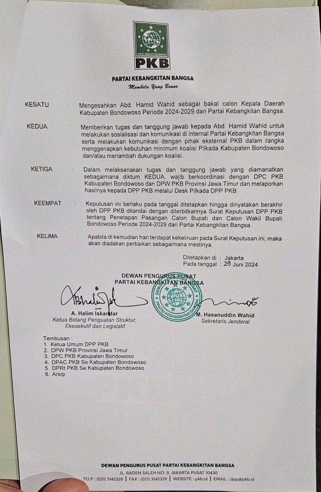 Isi surat rekom PKB untuk Ra Hamid, Cabup Bondowoso. (Foto: istimewa)