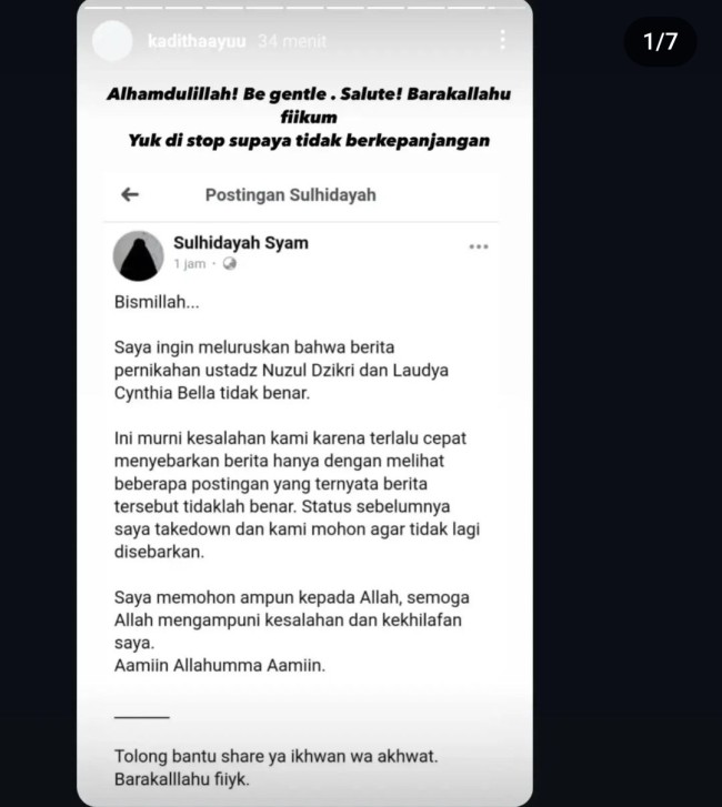 Unggahan Sulhidayah Syam yang mengklarifikasi kabar pernikahan Bella. (Foto: Instagram)