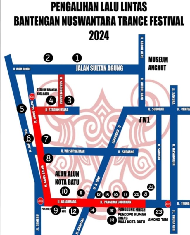 Rute dan rekayasa lalin Bantengan Nuswantara Trance Batu 2024. (Foto: Infobatusam)