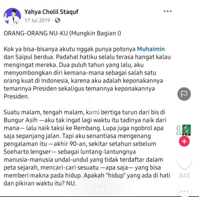 Tulisan lama Gus Yahya kembali viral di tengah perseteruan PKB dan PBNU. (Foto: TikTok)