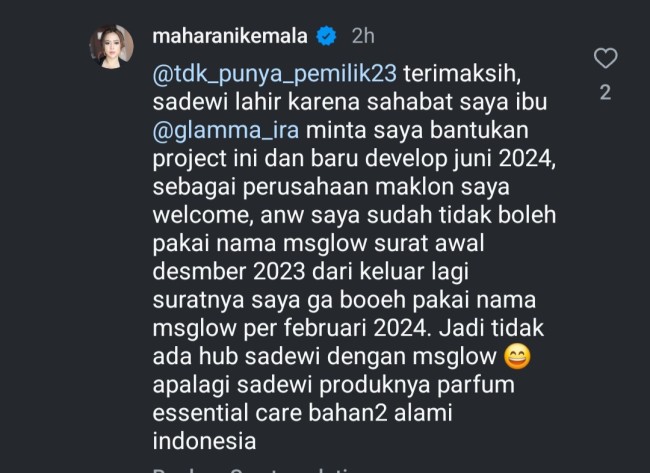 Pernyataan Maharani Kemala soal rumor pecah kongsi MS Glow. (Foto: Instagram)